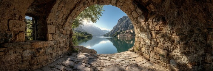 Serene Panoramic View from Stone Archway. High quality