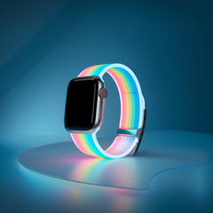 The futuristic smart watch features a neon LED band, a full spectrum gradient of colors, a sleek, high-tech aesthetic, and a modern, minimal design.