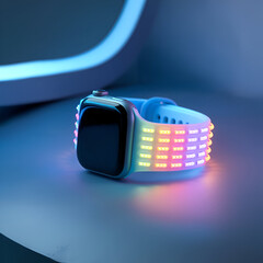 The futuristic smart watch features a neon LED band, a full spectrum gradient of colors, a sleek, high-tech aesthetic, and a modern, minimal design.