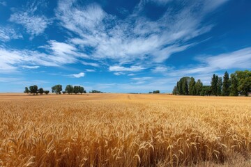 Obraz premium Golden wheat field under a vast blue sky