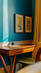 A charming wooden-framed desk can be found in a British boy's bedroom, featuring vibrant blue walls adorned with various art pieces, all illuminated by the soft glow of daylight