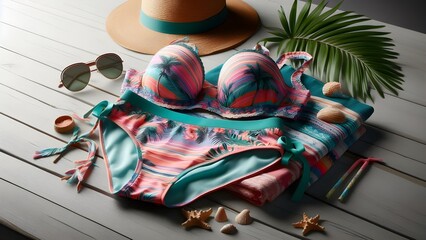 Tropical Getaway Summer Bikini, Beach Hat, Sunglasses, and Essentials