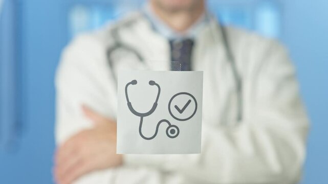 Medical professional wearing white coat, holding stethoscope icon on sticky note, representing quality patient care within clinical hospital setting