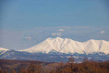 春の青空と雪山