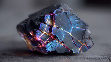 Cracked obsidian with holographic light streaks