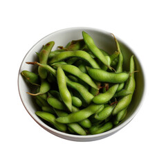 Green soybeans: An overhead view of a simple bowl filled with fresh, vibrant green soybeans. A healthy and natural ingredient for diverse cuisines, the edamame beans await culinary transformation