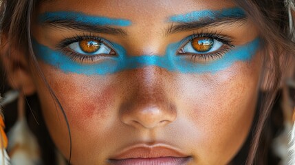 Young Indigenous Girl with Blue Face Paint and Expressive Eyes