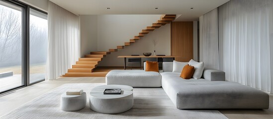 Modern Living Room with Floating Wooden Staircase and Minimalist