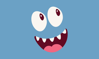 Cute cartoon monster face. Funny blue character with big eyes. Happy goofy creature illustration.