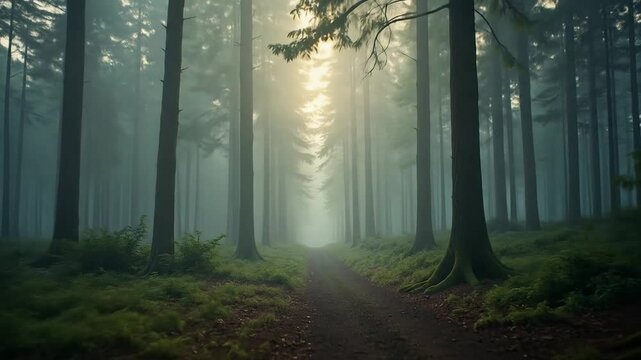 Walking Through Misty Forest Path with Tall Trees in Morning