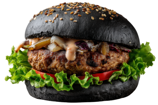 Black Burger Artistry: An avant-garde black burger creation layers fresh lettuce, juicy tomato, and delectable toppings, crowned with a glossy black bun sprinkled with sesame seeds.