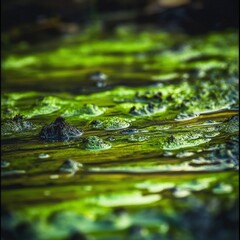 The surface of the swamp is adorned with countless tiny bubbles and a striking display of vibrant green algae during the midday sun, showcasing the beauty of the wetland ecosystem