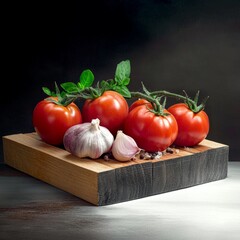 Fresh tomatoes and garlic arranged on a wooden cutting board ready for culinary preparation at a kitchen counter