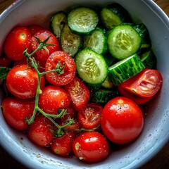 Fresh tomatoes and pickled cucumbers with garlic preparing for a vibrant salad or side dish in a rustic kitchen setting