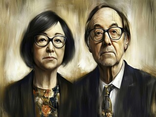 Portrait of an older couple showcasing distinct expressions in a neutral background, reflecting wisdom and experience with a modern touch