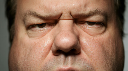 Obraz premium Intense gaze: A close-up shot of a person's face, highlighting their eyes and furrowed brow, conveying a sense of seriousness or concern.