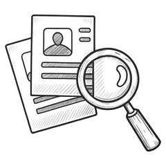 A magnifying glass examining a document with a profile picture and text lines.