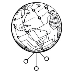 A digital globe with interconnected nodes and circuit-like patterns.