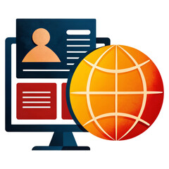 A digital monitor displays a user profile alongside a large globe symbolizing global internet connectivity.