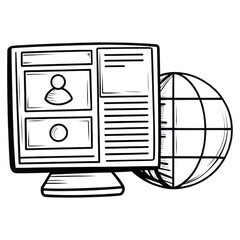 A computer monitor displays a web page layout with a globe symbol beside it, representing internet connectivity.