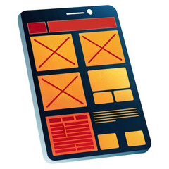 A digital tablet displaying a user interface wireframe with various layout elements and placeholders.
