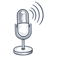A classic microphone with sound waves emanating from it, illustrated in a sketch style.