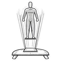 A human figure is projected above a futuristic platform, resembling a holographic display.