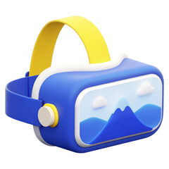 A blue and yellow virtual reality headset with a scenic mountain and cloud design on the front.