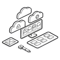 Isometric illustration of cloud computing icons, a monitor, a stylus, and a tablet interface.