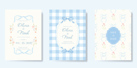 Elegant wedding invitation card background vector. Minimal hand drawn ribbon frame and floral frame template background. Design illustration for wedding, vip cover, poster, rsvp modern card.