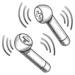 Two wireless earbuds with sound waves depicted around them.