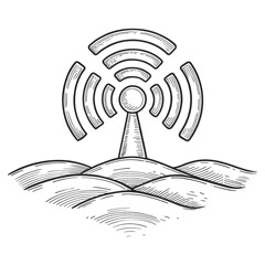 A stylized antenna tower emits signal waves over curved lines resembling hills.