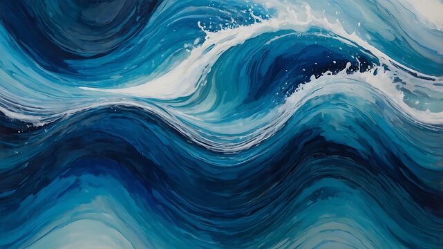 Abstract Ocean Wave Painting Blue Swirls and Whitecaps