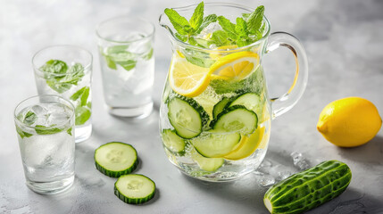 Fototapeta premium Refreshing detox water with cucumber, lemon, and mint in a glass pitcher, surrounded by ice-filled glasses on a light background, evoking freshness and health.