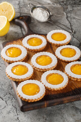 Delicious sweet lemon crud cookies sprinkled with powdered sugar  closeup on wooden board on the table. Vertical