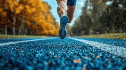 Runner in Action on Track with Autumn Background and Raindrops