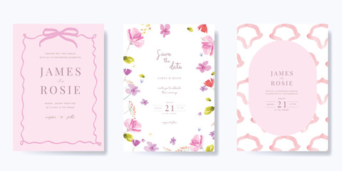 Elegant wedding invitation card background vector. Minimal hand drawn ribbon frame and floral frame template background. Design illustration for wedding, vip cover, poster, rsvp modern card.