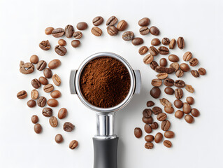 Portafilter filled with espresso-ground coffee.