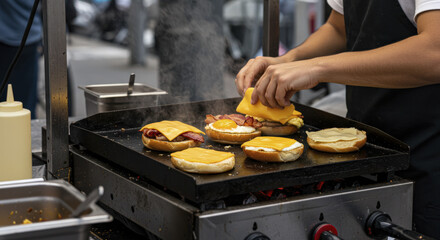 Street Food Vendor Preparing Burgers and Egg Sandwiches on Flat Top Grill