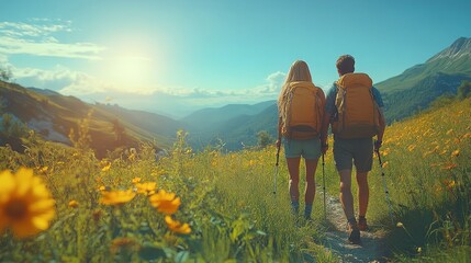 Serene Mountain Hike with Backpackers in Vibrant Flower Meadow