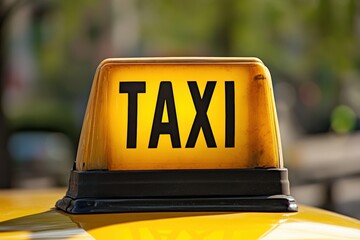 Close-up of illuminated yellow taxi sign on car roof. Urban transportation concept. Blurred city background. Bright, bold lettering. Classic cab design. Daylight. Focused and clear. Banner format