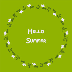 Summer Floral Wreath Green Background &mdash; round cartoon wreath with white flowers and green leaves arranged on a vibrant green backdrop, perfect for seasonal framing or templates.