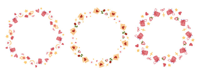 Cute Valentine Wreath Frame Set — collection of three circular cartoon frames with hearts, cookies, strawberries, bows and sweet gift elements in pink tones, isolated on white.