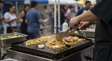 Hands Cooking Rice, Shrimp and Squid on a Flat Top Grill at a Food Festival