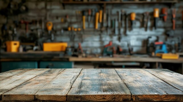 Rustic wooden table in front of a blurred workshop with tools