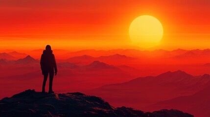 Silhouette of Hiker Against Dramatic Sunset Over Mountain Range