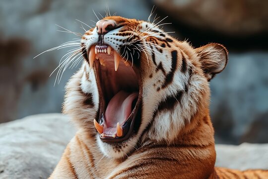 Tiger yawning wide