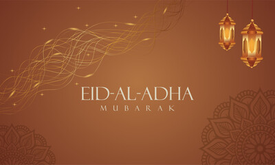Elegant Eid-al-Adha background with golden lanterns, glowing waves, and subtle mandala art on a warm brown gradient. Perfect for Islamic holiday greetings and festive design themes.