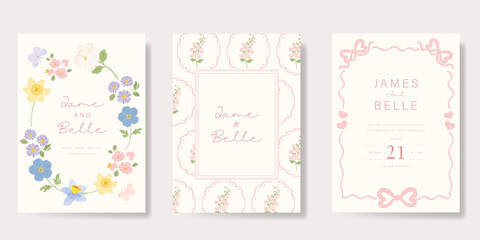 Elegant wedding invitation card background vector. Minimal hand drawn ribbon frame and floral frame template background. Design illustration for wedding, vip cover, poster, rsvp modern card.