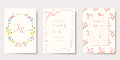 Elegant wedding invitation card background vector. Minimal hand drawn ribbon frame and floral frame template background. Design illustration for wedding, vip cover, poster, rsvp modern card.